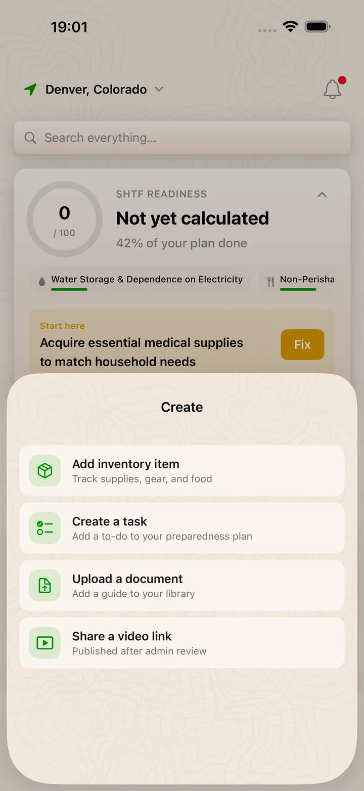 Create sheet with options to add an inventory item, create a task, upload a document or share a video