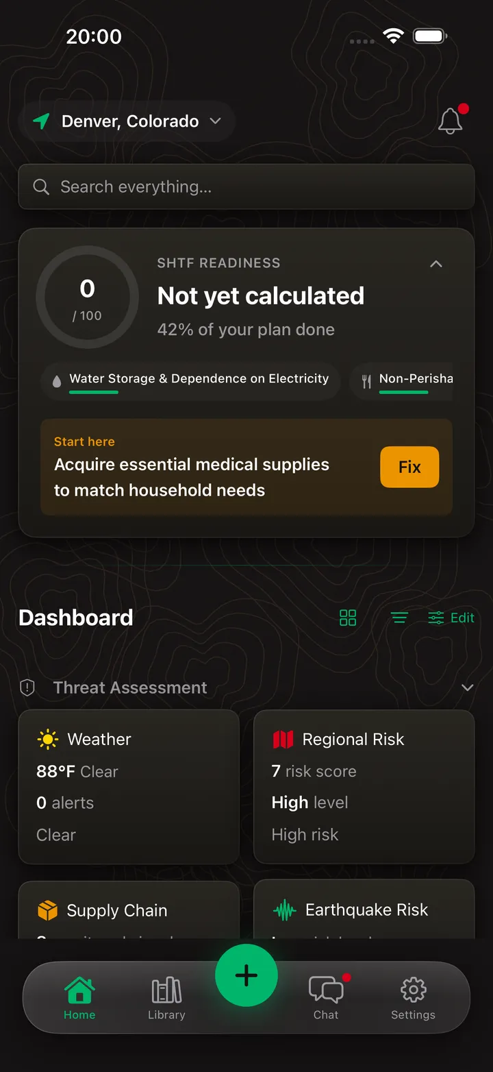 The SHTF App home dashboard with readiness score, next step and local risk tiles