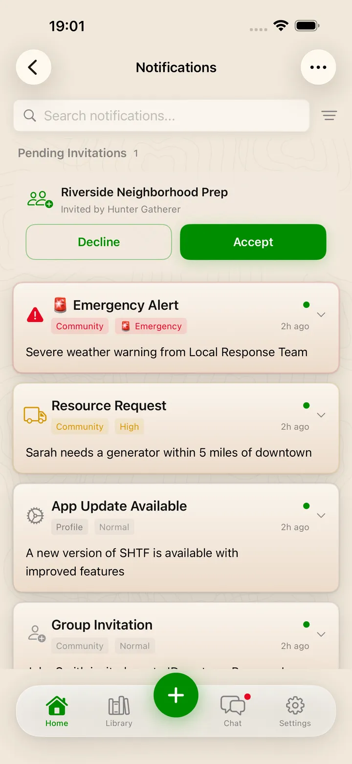 Notification center with invitations, emergency alerts and resource requests