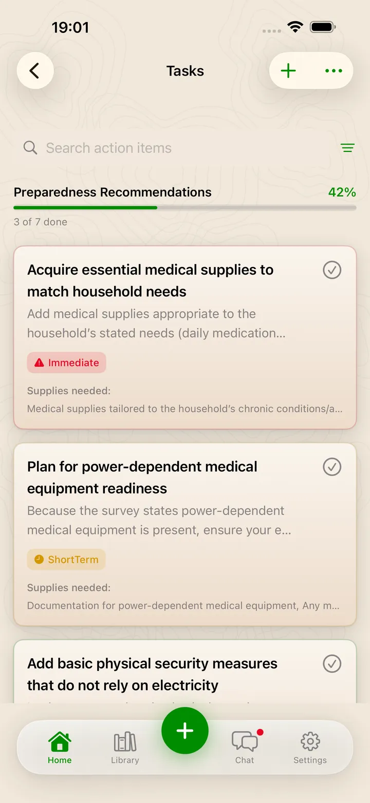 Preparedness recommendations with progress and priority tags